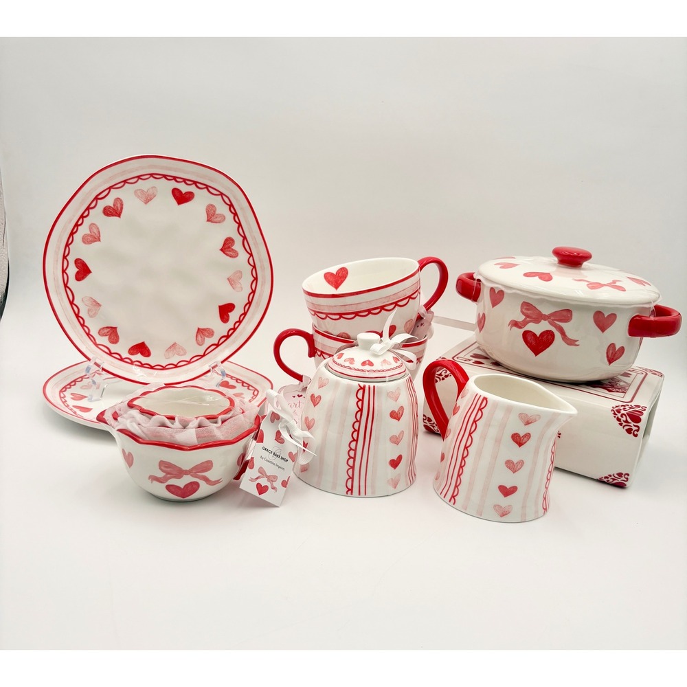 Grace Bake Shop Hearts Ceramic Baking Set Measuring Cups Sugar Creamer Plates